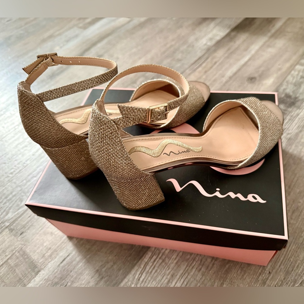Nina Women's Gold Block Heel Sandals